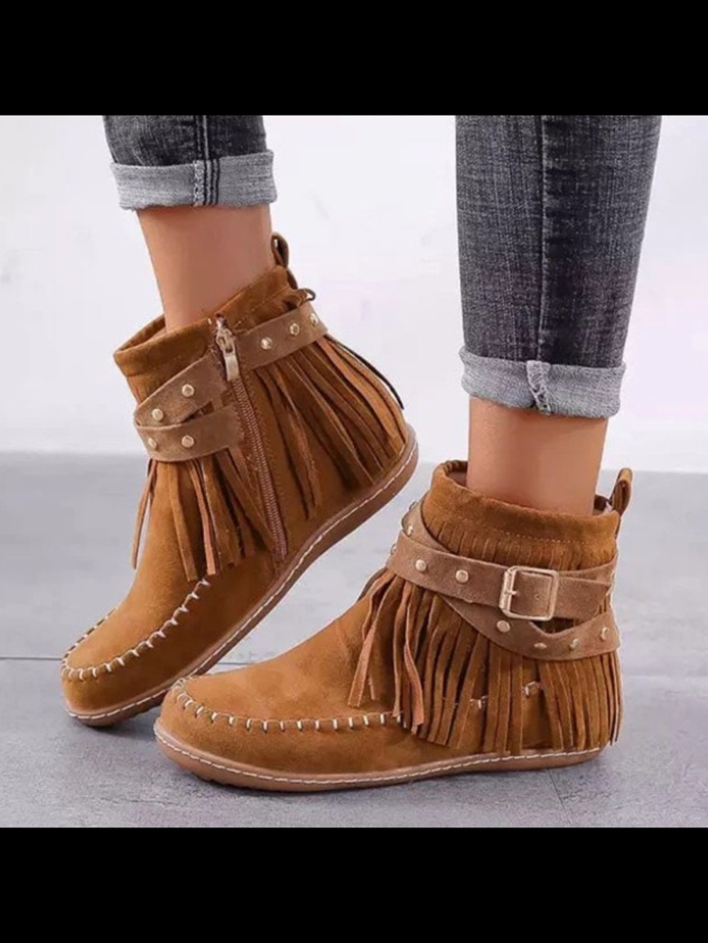 Allison Women's Fringe Ankle Booties/Boots in Tan (Size 39)